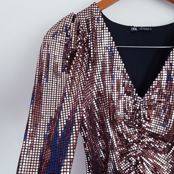 ZARA Metallic Rose Gold Ruched Mini Dress - Picture 6 of 13